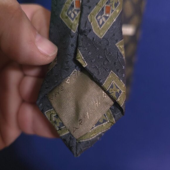 Giorgio Armani Cravatte Silk Tie With Geometric Pattern Navy & Olive Made In Ita - Picture 6 of 8